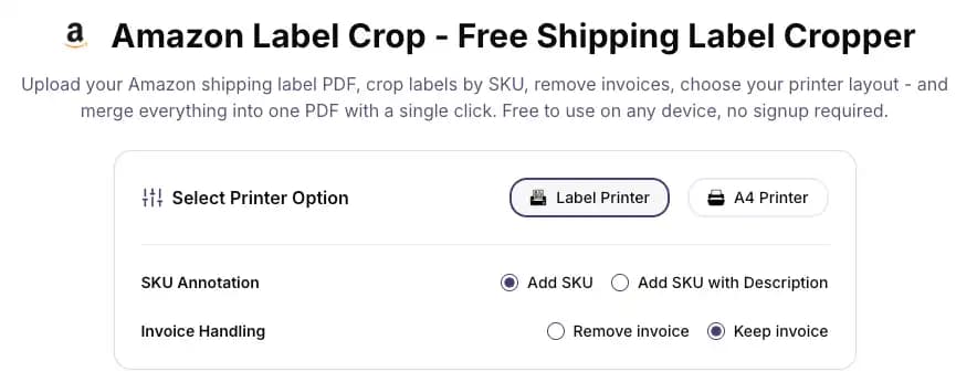 Amazon PDF crop settings panel on I Love Compress showing SKU annotation, invoice handling, and printer type options