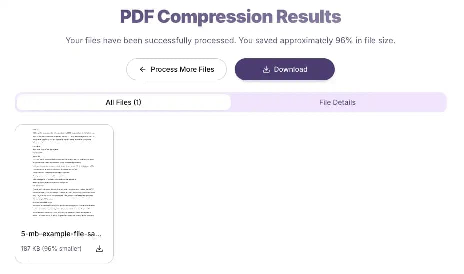 Compressed PDF download screen showing reduced file size from 4.8MB to 187KB