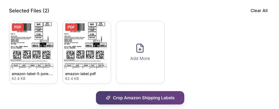 I Love Compress Amazon PDF cropper processing a large shipping label file with progress bar and SKU sorting active