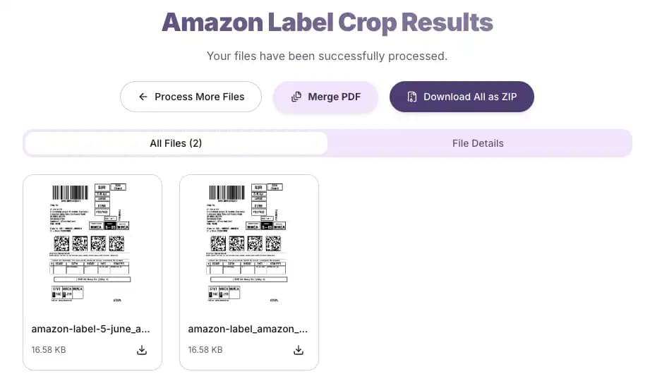 Crop Amazon label result screen on I Love Compress showing processed PDF download with one-click merge option highlighted